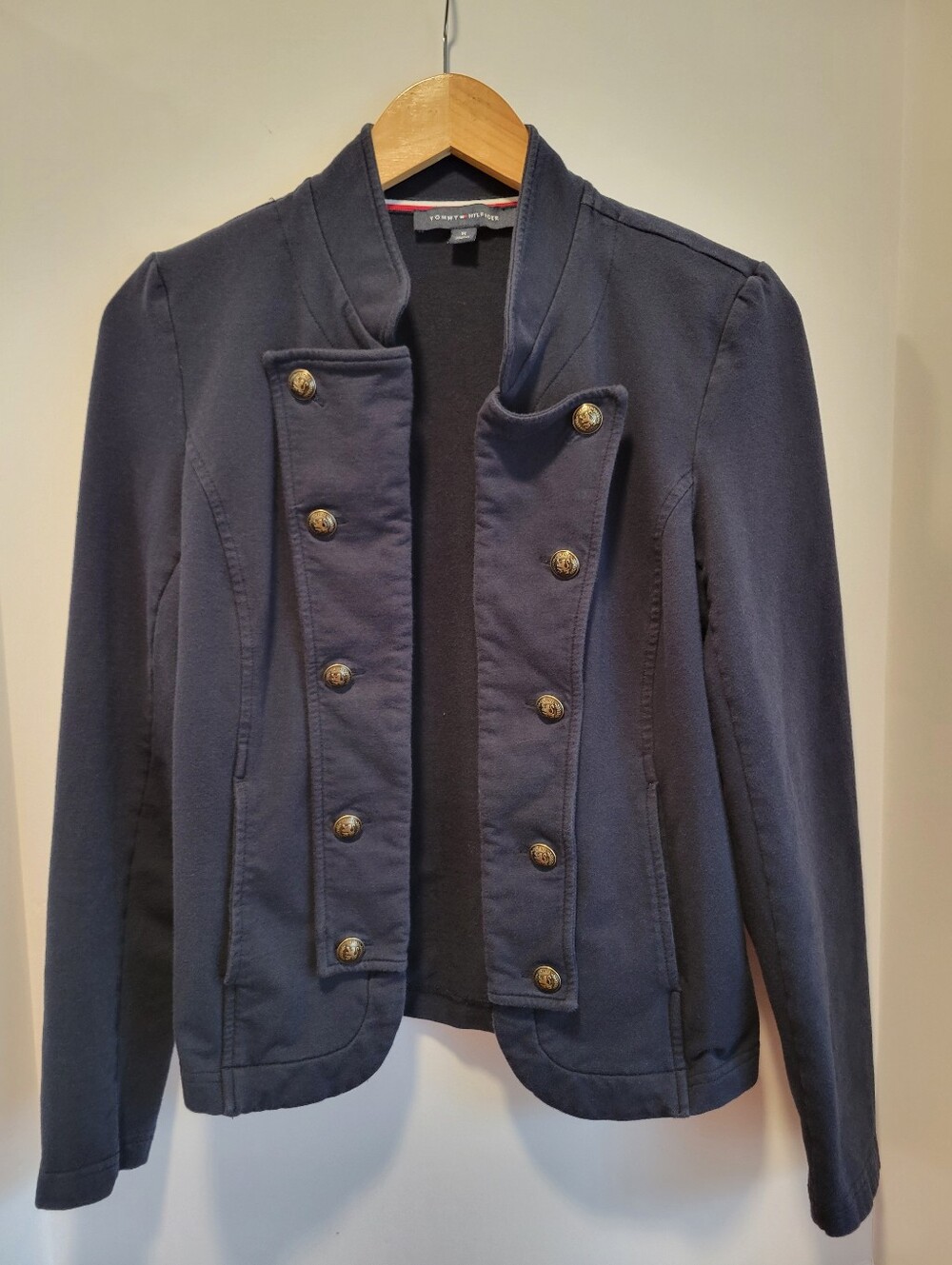 VTG Tommy Hilfiger Navy Blue Knit Military Band Jacket Blazer Medium Y2K 90s